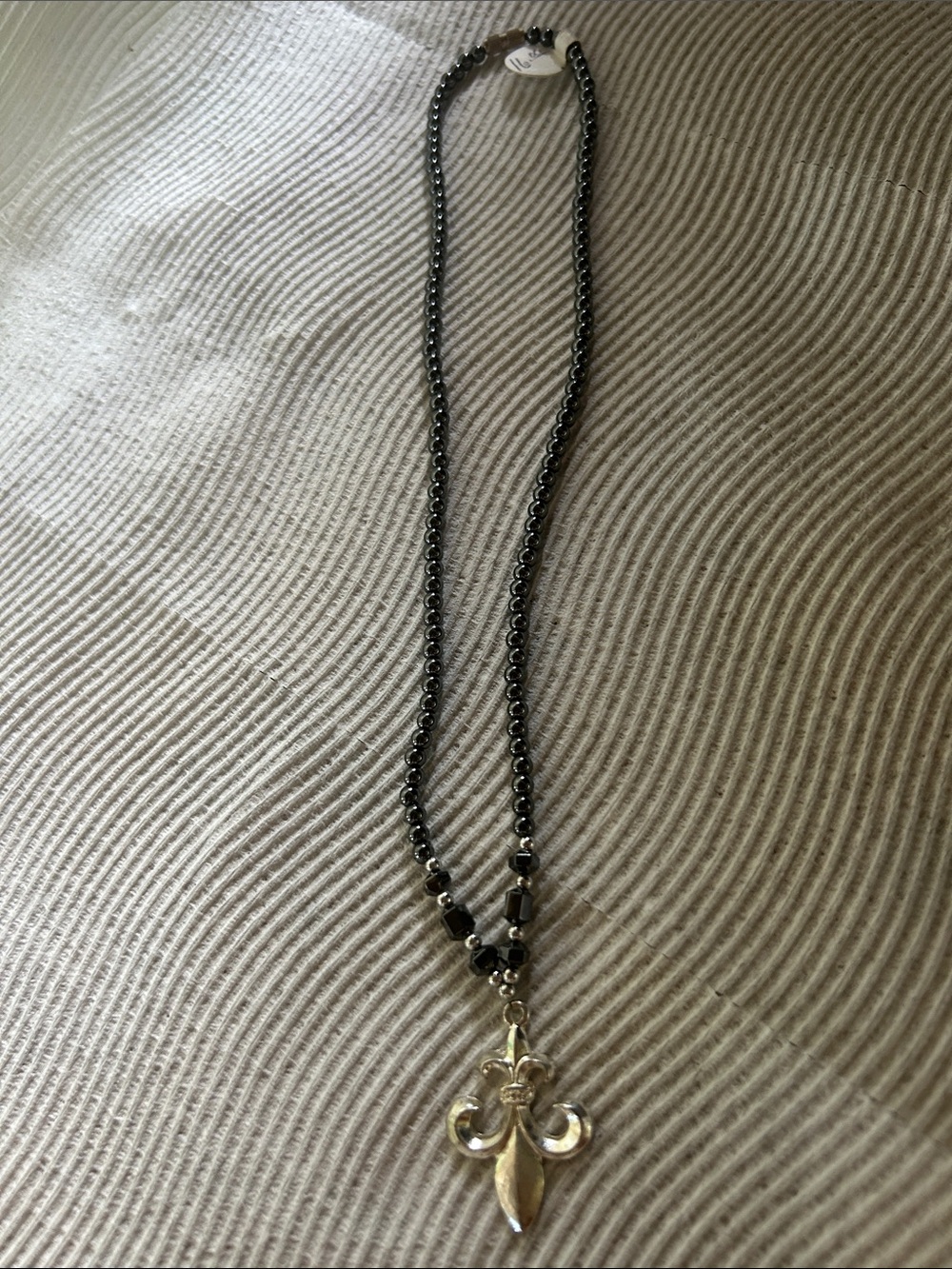 Black Beaded Necklace with Gold Fleur-de-Lis Pendant